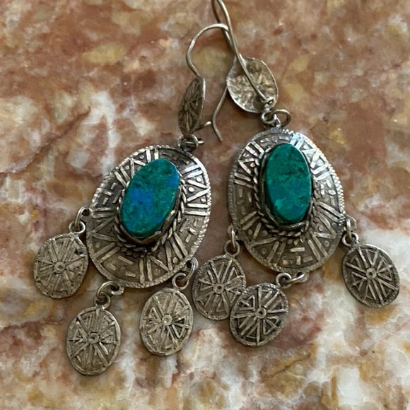 Native American Azurite Malachite 925 Earrings VTG - Picture 3 of 10